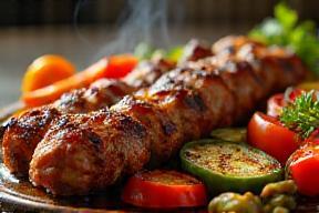 Adana kebab served with grilled vegetables